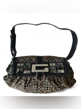 GUESS Y2K Vintage Monogram Brown Black Silver Metallic Studded Shoulder Purse
